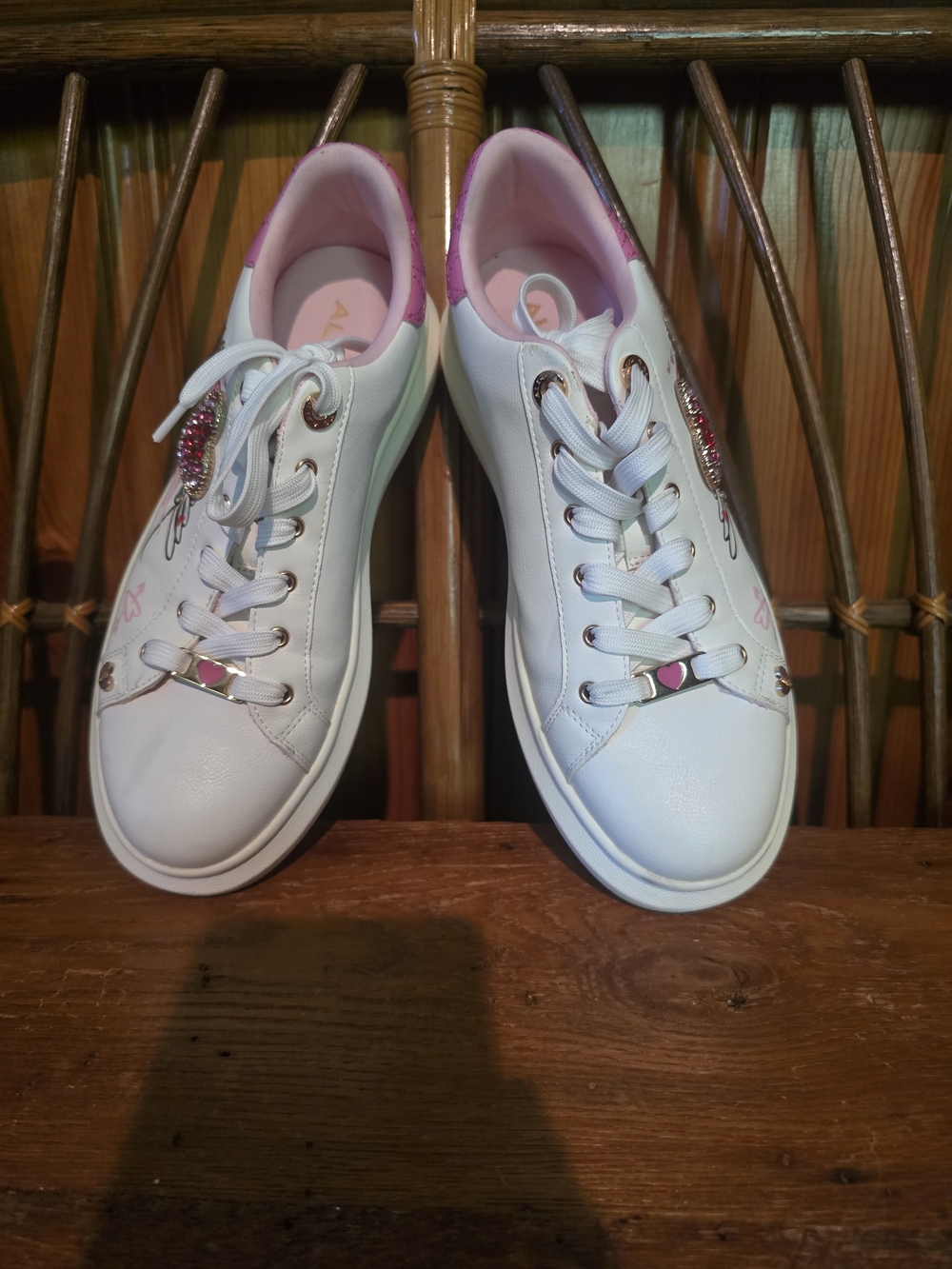 Aldo White Sneakers with Pink Trim and Heart Charms